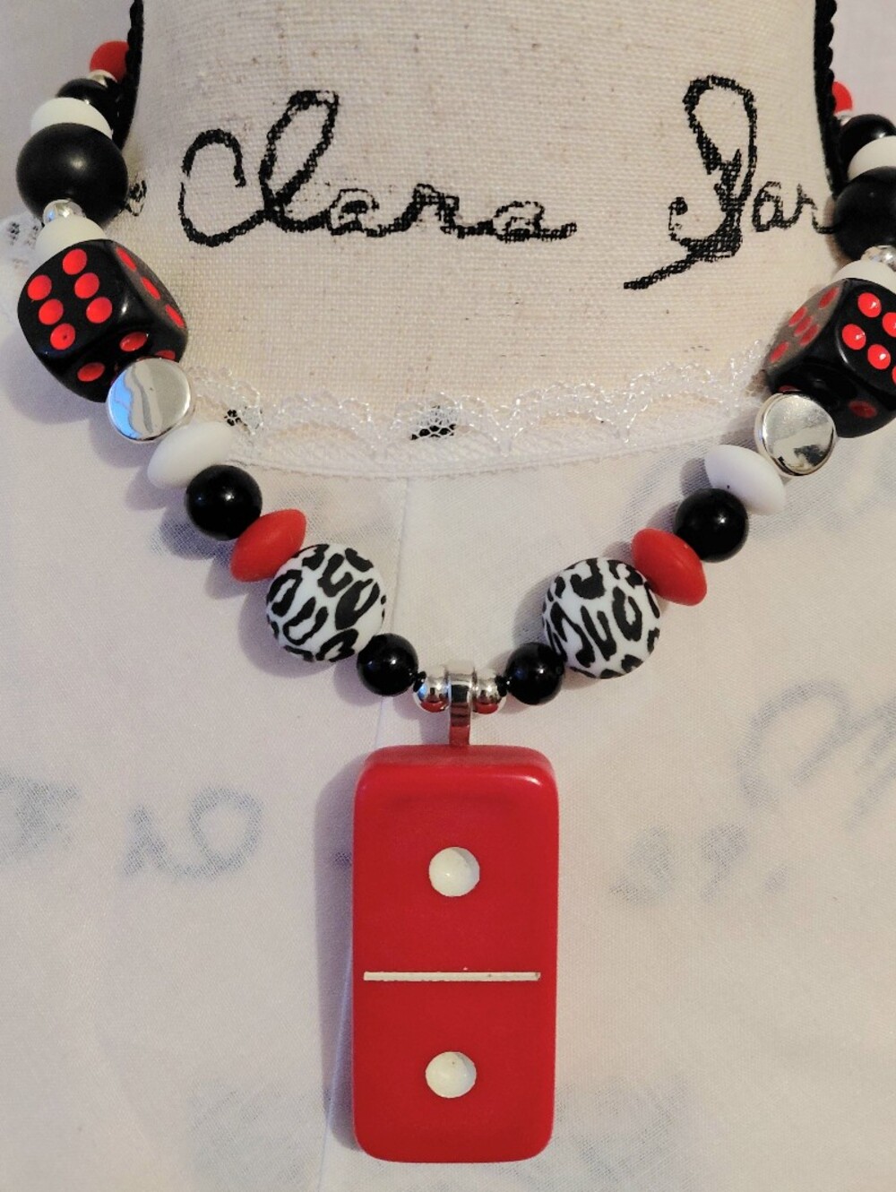 "Lucky Lady" Handmade Red Domino Pendant Necklace with Black & White Beads